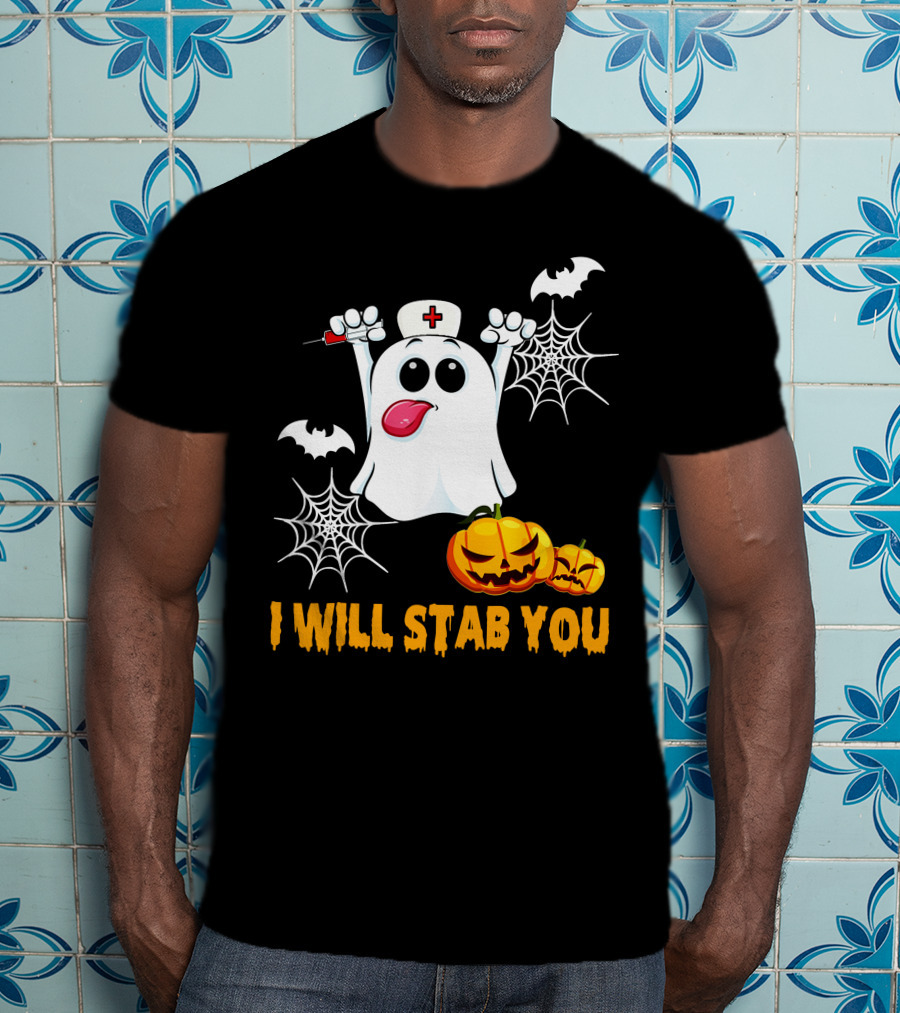 I Will Stab You Funny Nurse Ghost With Pumpkins And Bats T-Shirt