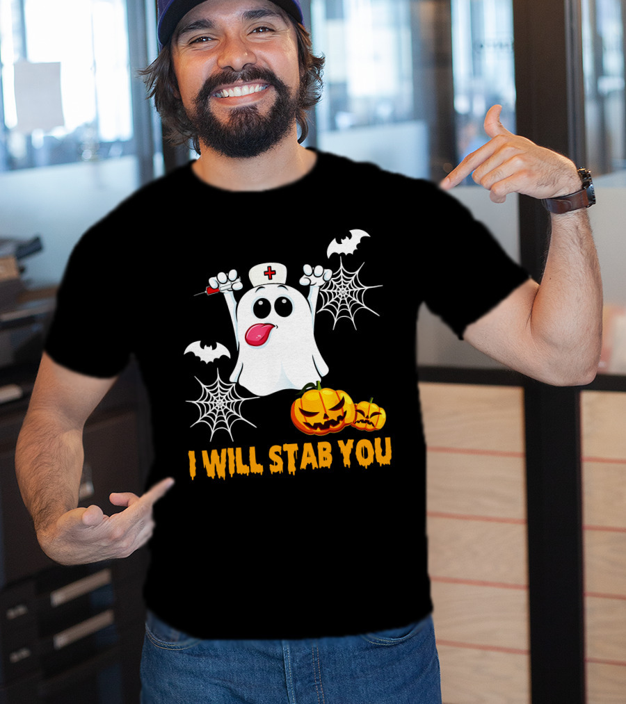 I Will Stab You Funny Nurse Ghost With Pumpkins And Bats T-Shirt