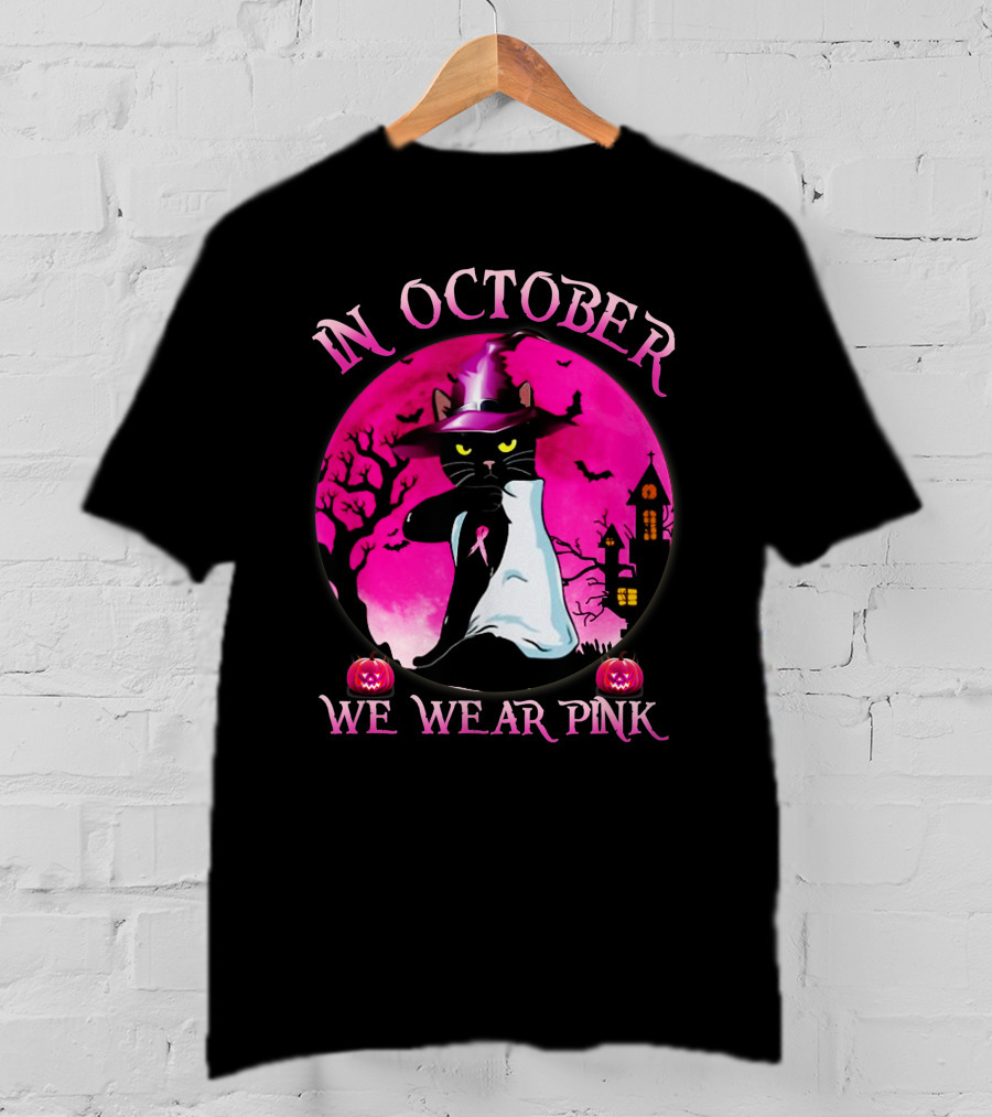 In October We Wear Pink Cat Halloween Pink Ribbon Moon Bats Jack O'Lanterns T-Shirt