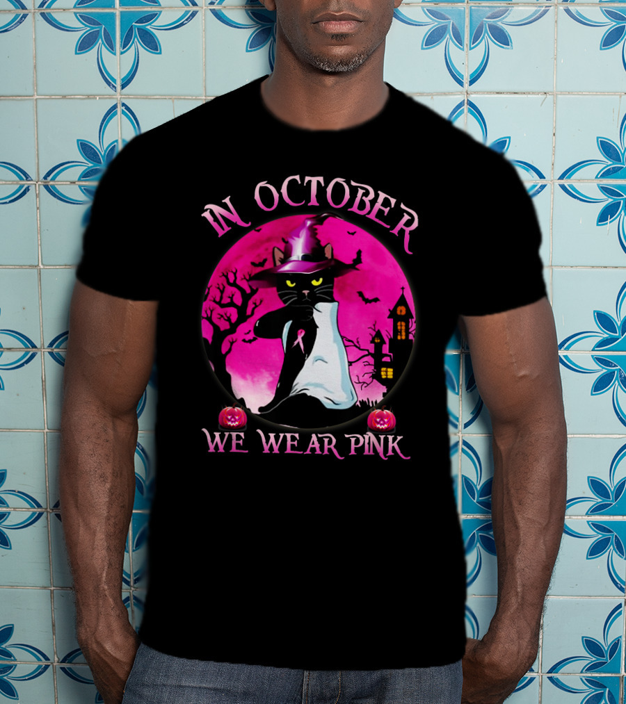 In October We Wear Pink Cat Halloween Pink Ribbon Moon Bats Jack O'Lanterns T-Shirt