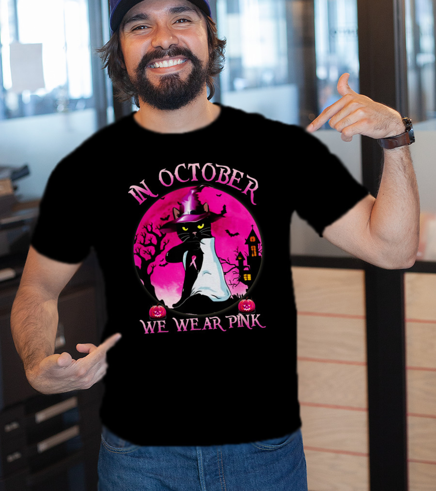 In October We Wear Pink Cat Halloween Pink Ribbon Moon Bats Jack O'Lanterns T-Shirt
