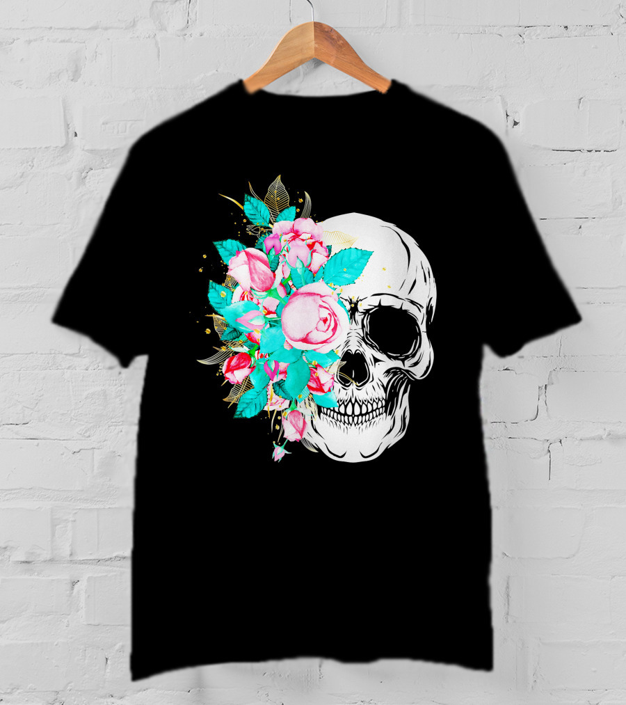 Flower Skull Floral Fusion With Vintage Rose Elements T-Shirt