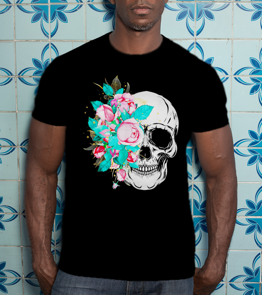 Flower Skull Floral Fusion With Vintage Rose Elements T-Shirt