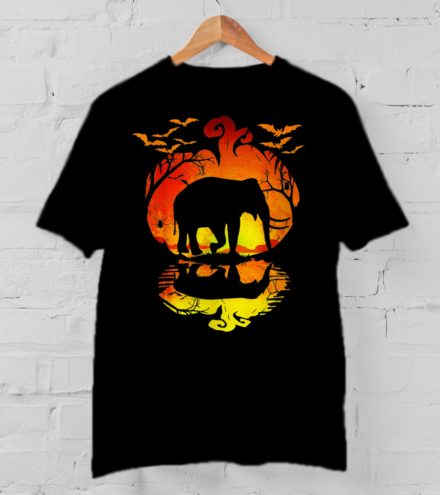 Elephant Silhouette Pumpkin Reflection With Bats And Trees T-Shirt