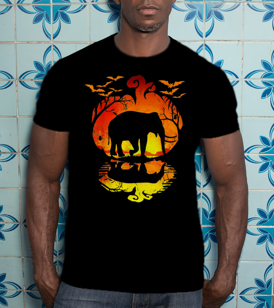 Elephant Silhouette Pumpkin Reflection With Bats And Trees T-Shirt