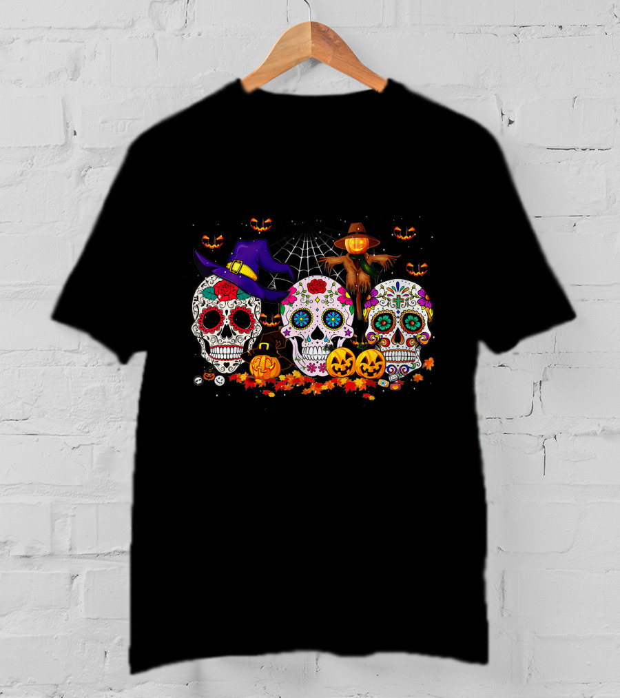 Sugar Skull Halloween Pumpkins And Scarecrow Scene T-Shirt