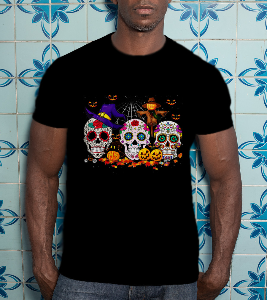 Sugar Skull Halloween Pumpkins And Scarecrow Scene T-Shirt