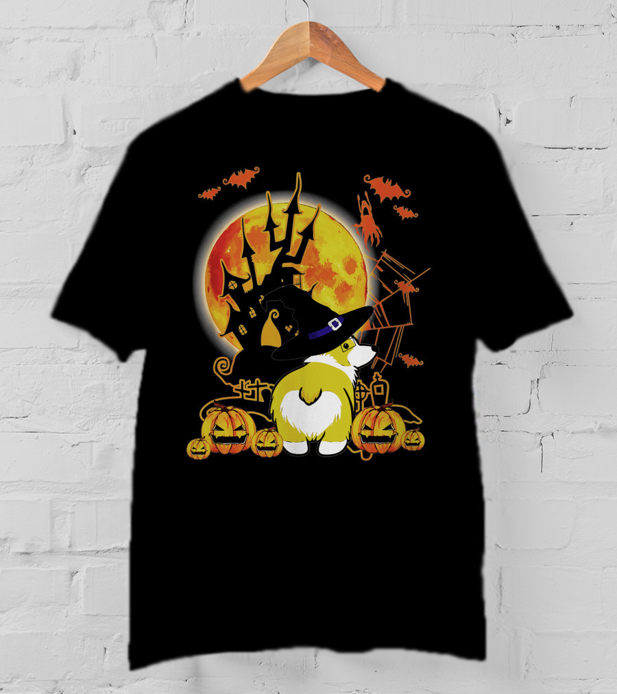 Corgi Dog Lovers Funny Dog Halloween Witch Moon Pumpkins Haunted House Bats T-Shirt