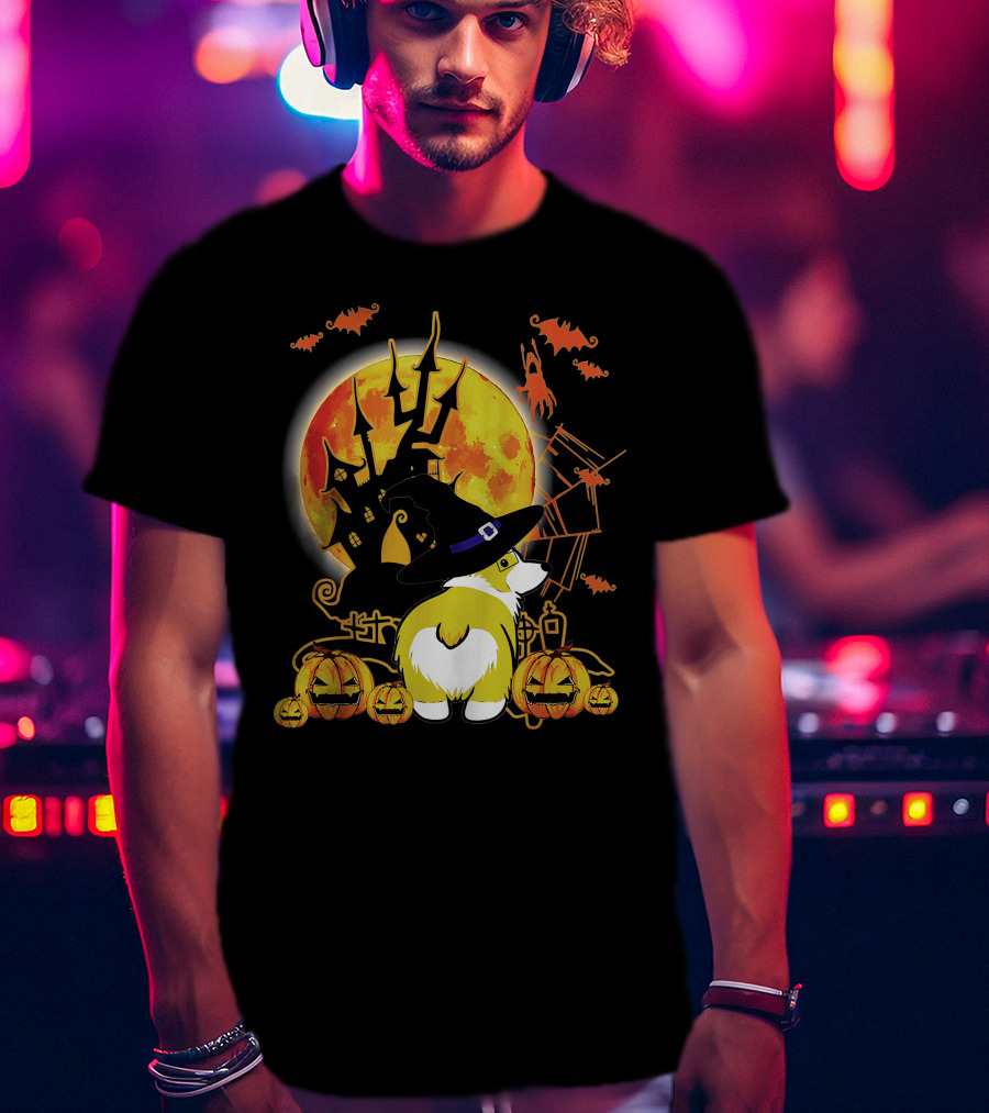 Corgi Dog Lovers Funny Dog Halloween Witch Moon Pumpkins Haunted House Bats T-Shirt
