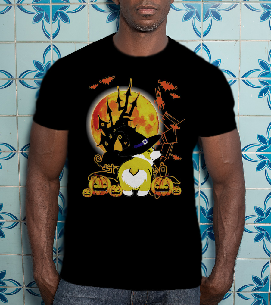 Corgi Dog Lovers Funny Dog Halloween Witch Moon Pumpkins Haunted House Bats T-Shirt