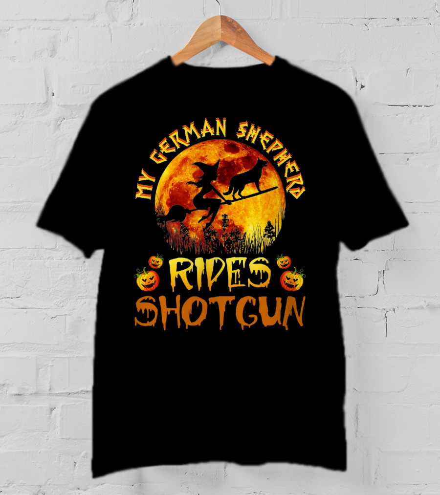 My German Shepherd Rides Shotgun Witch Halloween Pumpkins Moon T-Shirt