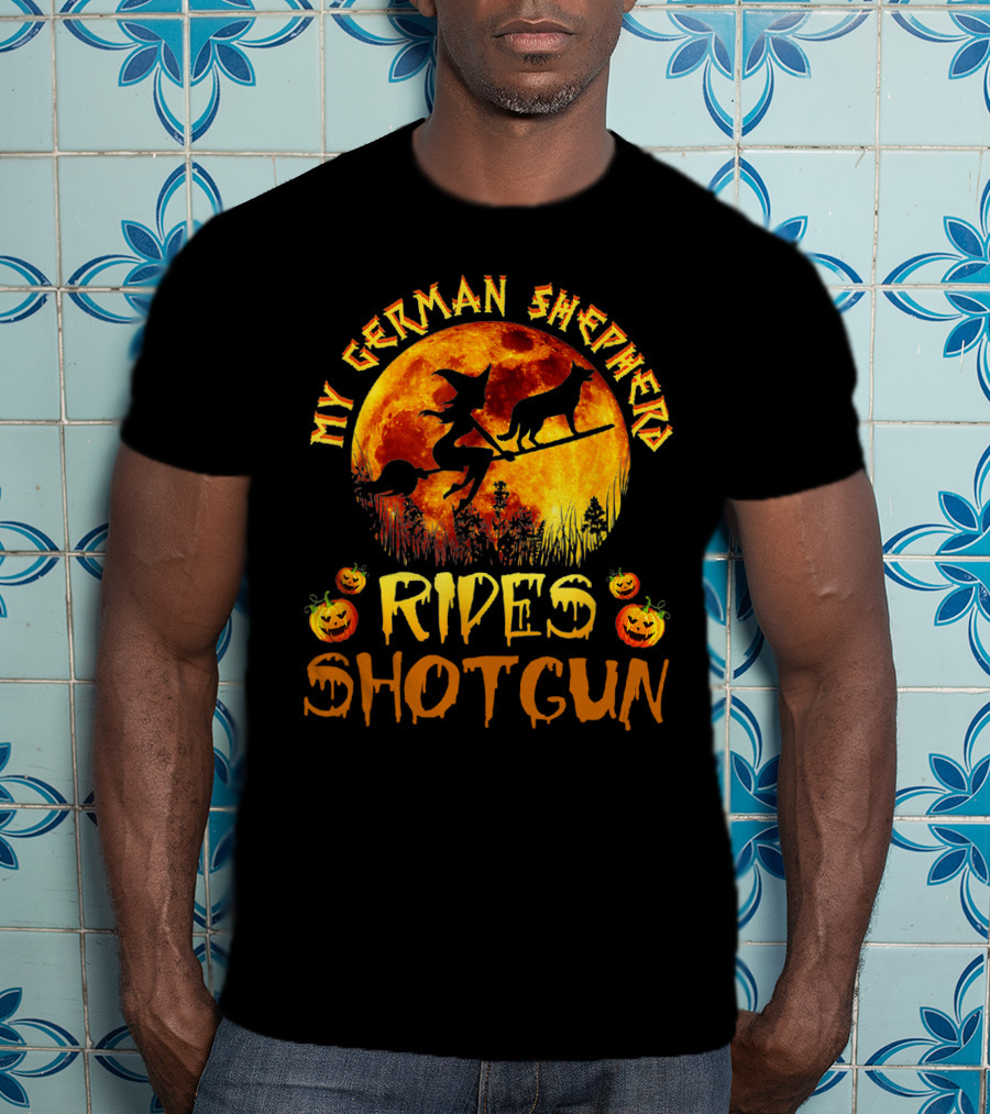 My German Shepherd Rides Shotgun Witch Halloween Pumpkins Moon T-Shirt