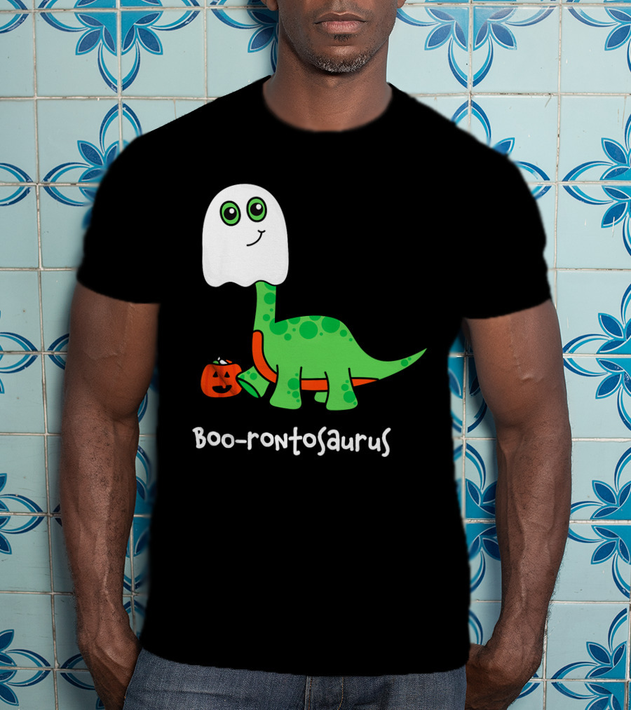 Boo-rontosaurus Ghost Dinosaur With Pumpkin Halloween Cute Funny Brontosaurus T-Shirt