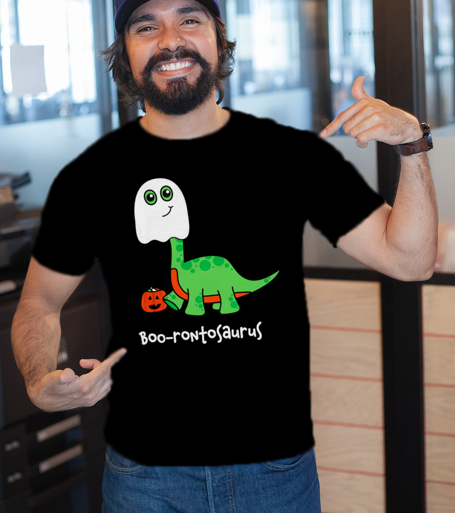 Boo-rontosaurus Ghost Dinosaur With Pumpkin Halloween Cute Funny Brontosaurus T-Shirt
