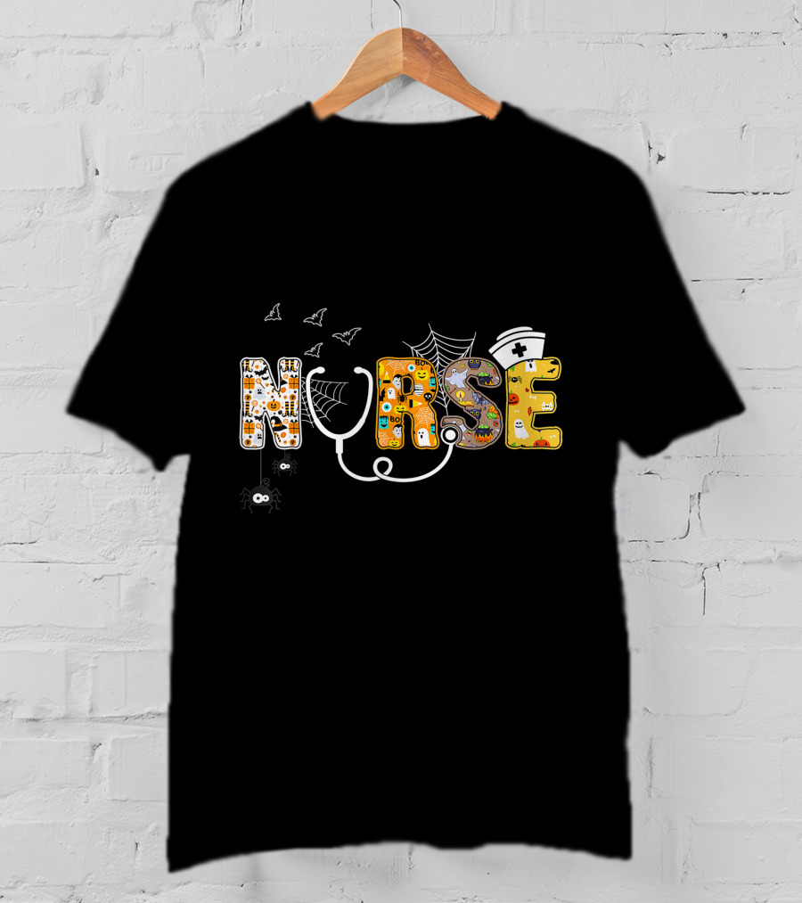 Nurse Halloween Boo Pumpkin Spider Witch Hat Bats Ghosts Cobwebs T-Shirt