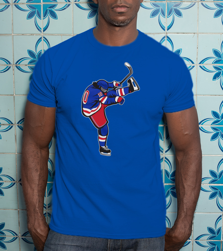 Xanh Bien Hockey Player Kicking Pose Blue Background T-Shirt