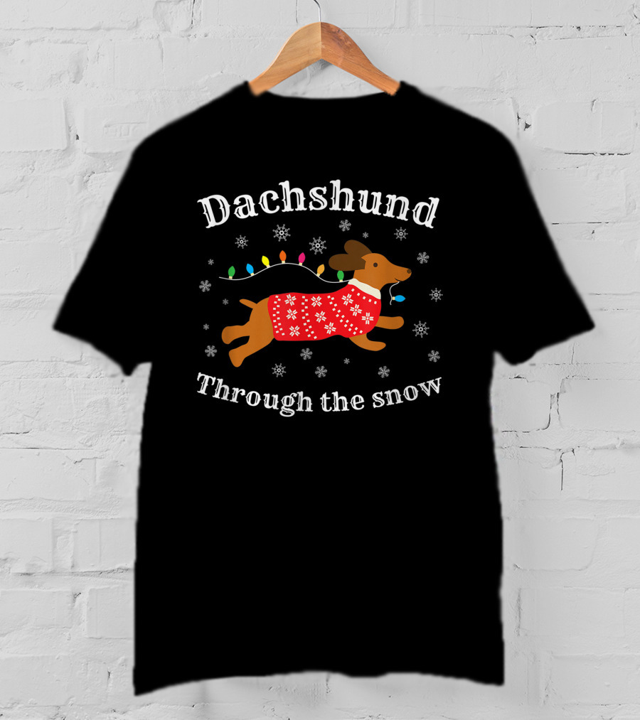 Dachshund Through The Snow Wearing A Festive Sweater With Christmas Lights And Snowflakes T-Shirt