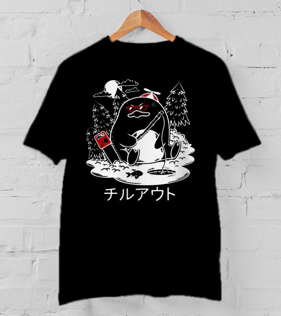 Isaacwhy Merch Chill Out Penguin With Chainsaw And Fishing Rod T-Shirt
