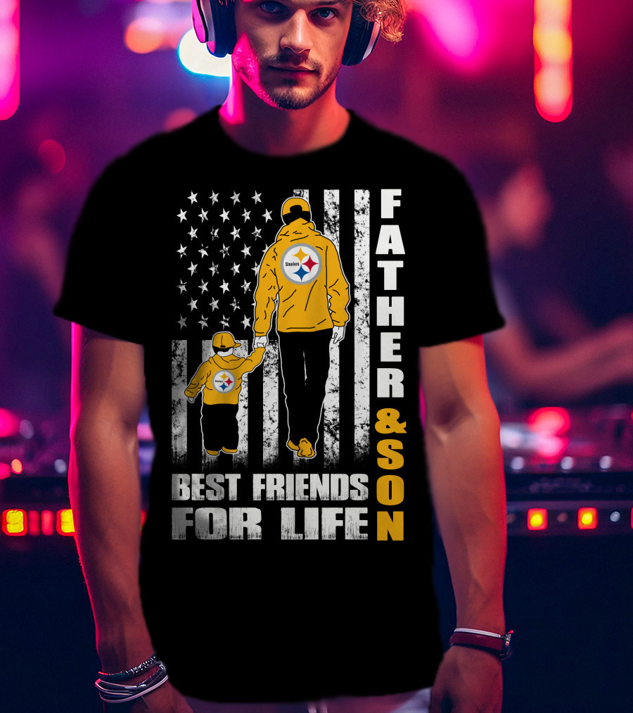 Father And Son Best Friends For Life Steelers Flag Background T-Shirt