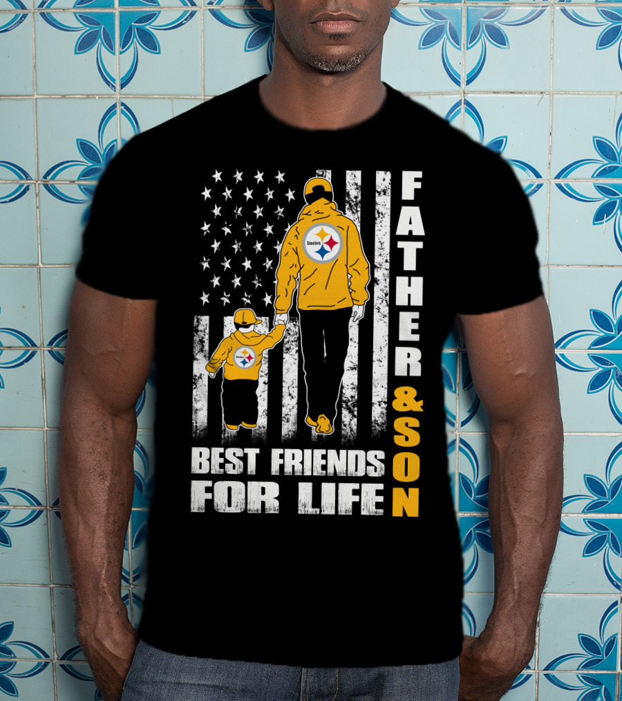 Father And Son Best Friends For Life Steelers Flag Background T-Shirt