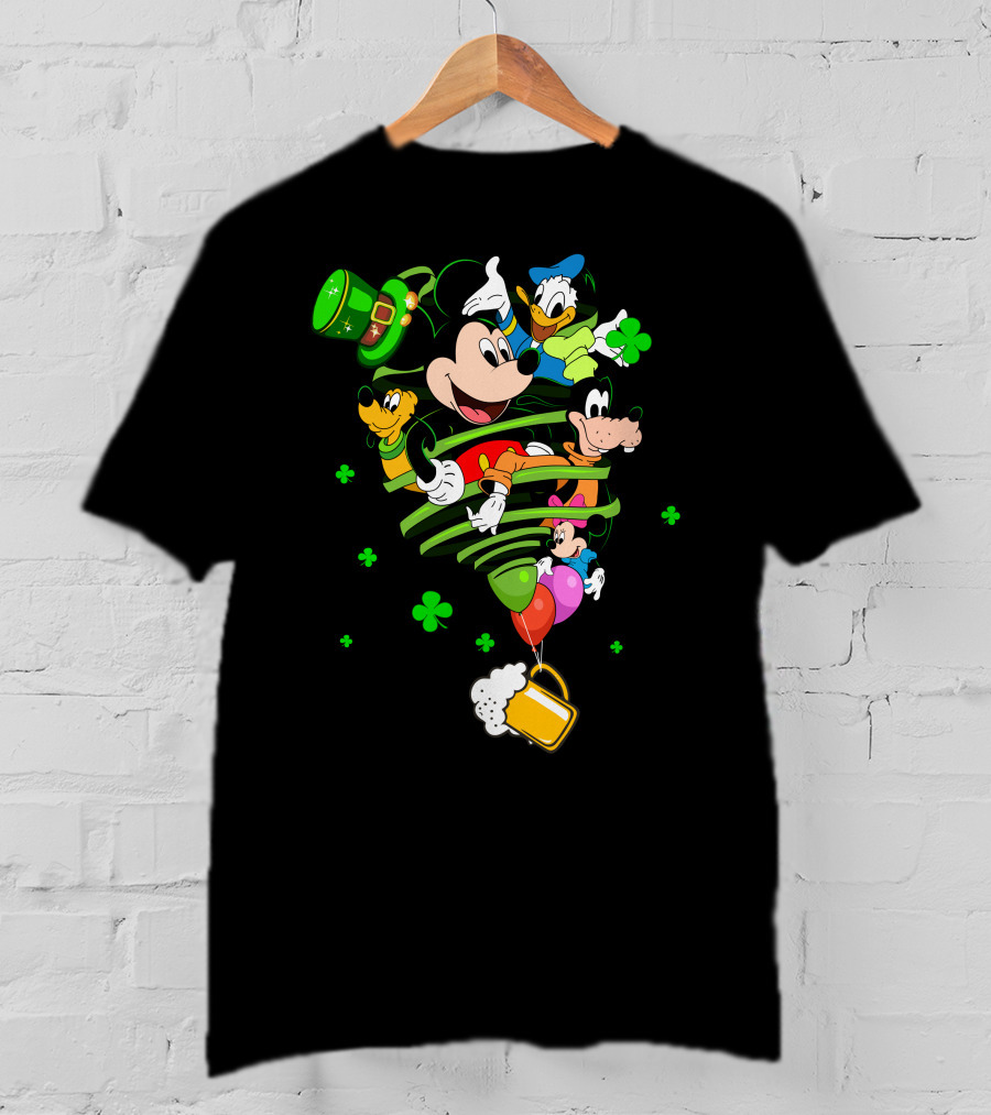 Mickey Mouse Donald Duck Goofy St. Patrick's Day Celebration With Shamrocks And Beer Mug T-Shirt