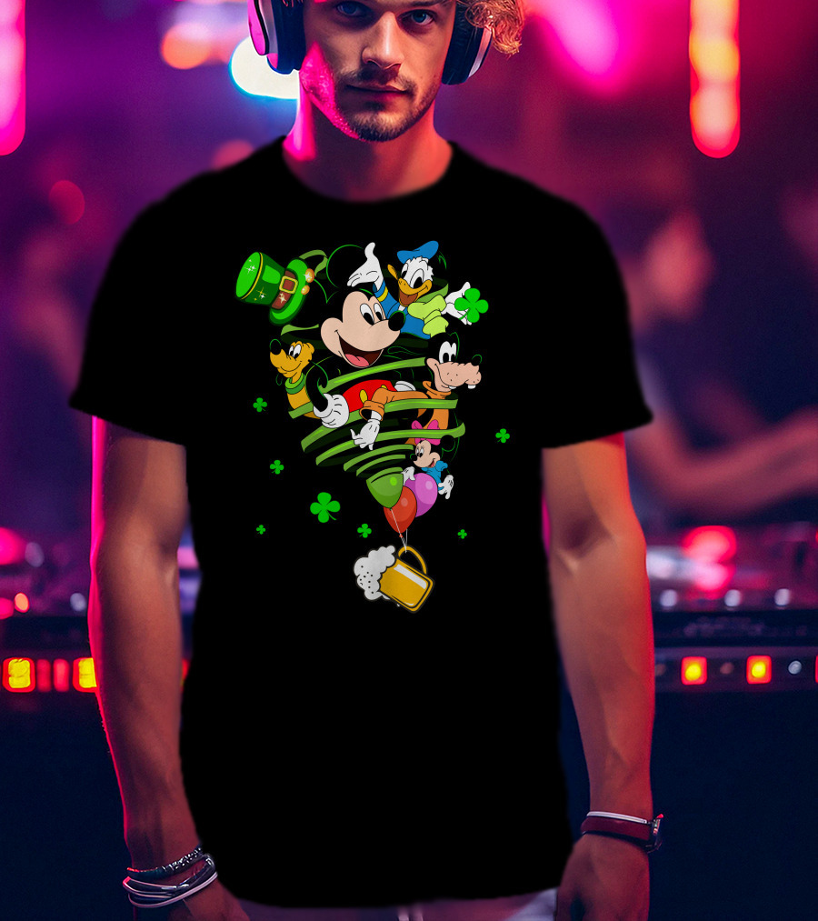 Mickey Mouse Donald Duck Goofy St. Patrick's Day Celebration With Shamrocks And Beer Mug T-Shirt