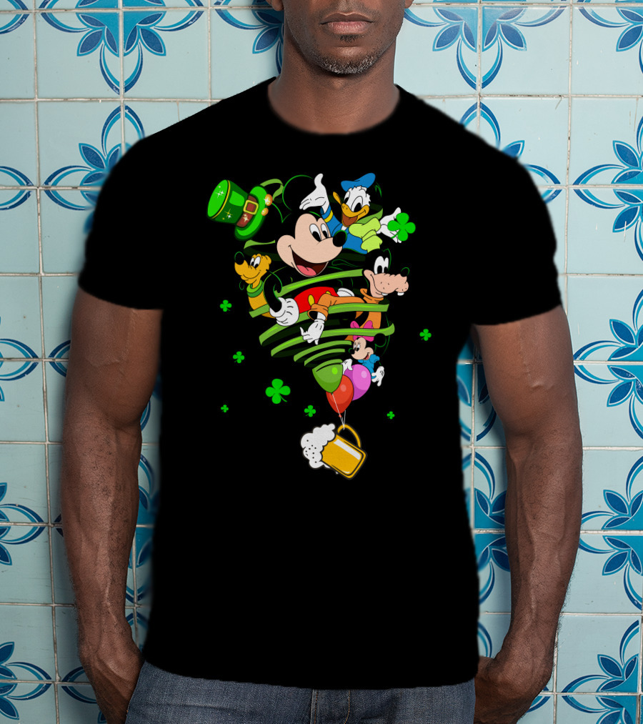 Mickey Mouse Donald Duck Goofy St. Patrick's Day Celebration With Shamrocks And Beer Mug T-Shirt