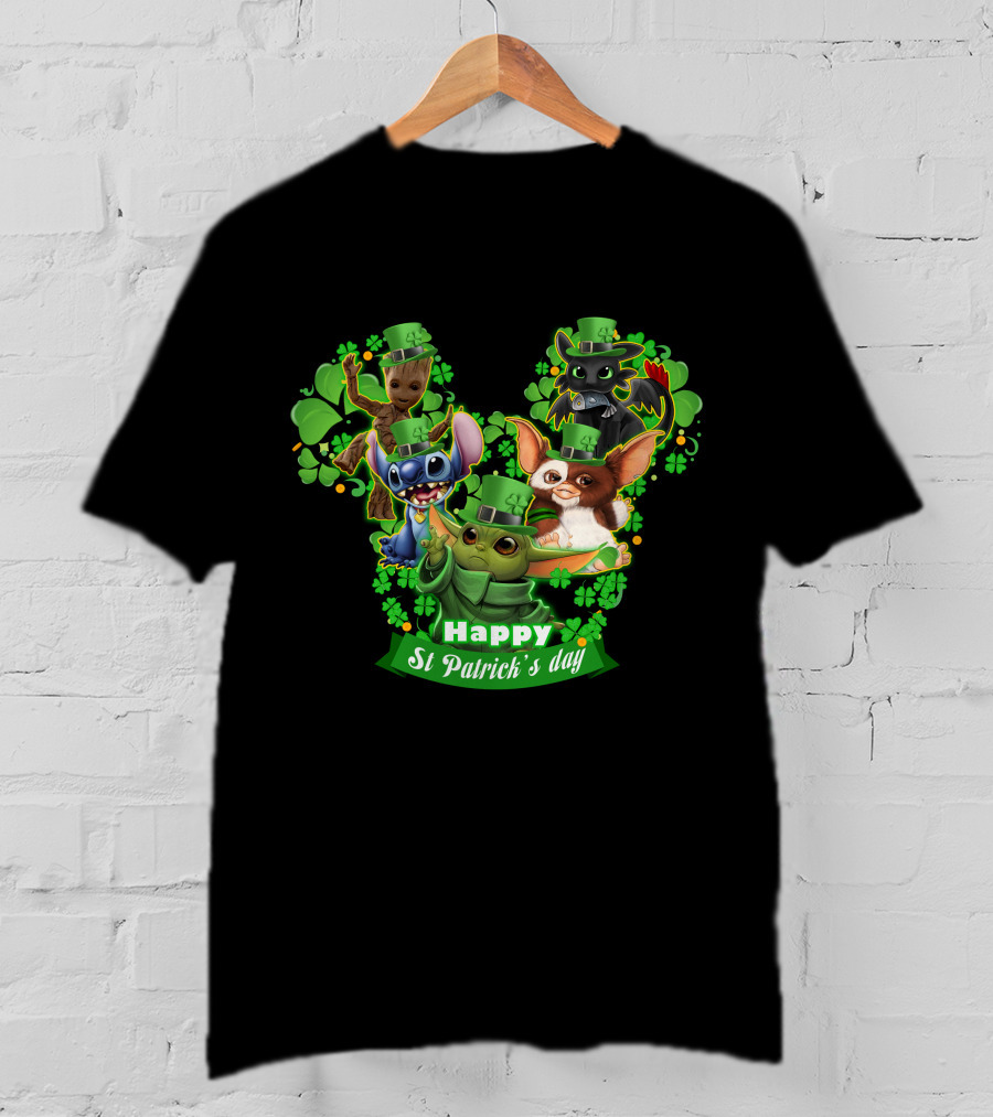 BBYD And Friends Happy St Patrick's Day Groot Gizmo Stitch Mandalorian Baby Yoda Toothless T-Shirt