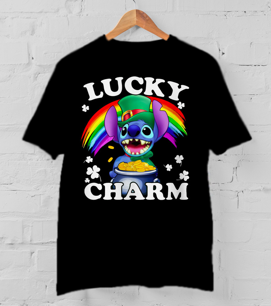 Lucky Charm Stitch Rainbow Gold Coins Shamrocks T-Shirt