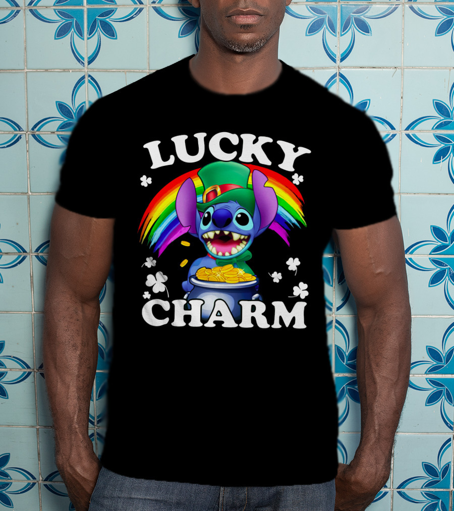 Lucky Charm Stitch Rainbow Gold Coins Shamrocks T-Shirt