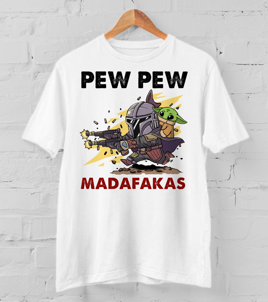 Pew Pew Madafakas Mandalorian Baby Yoda Gun Firing Scene T-Shirt