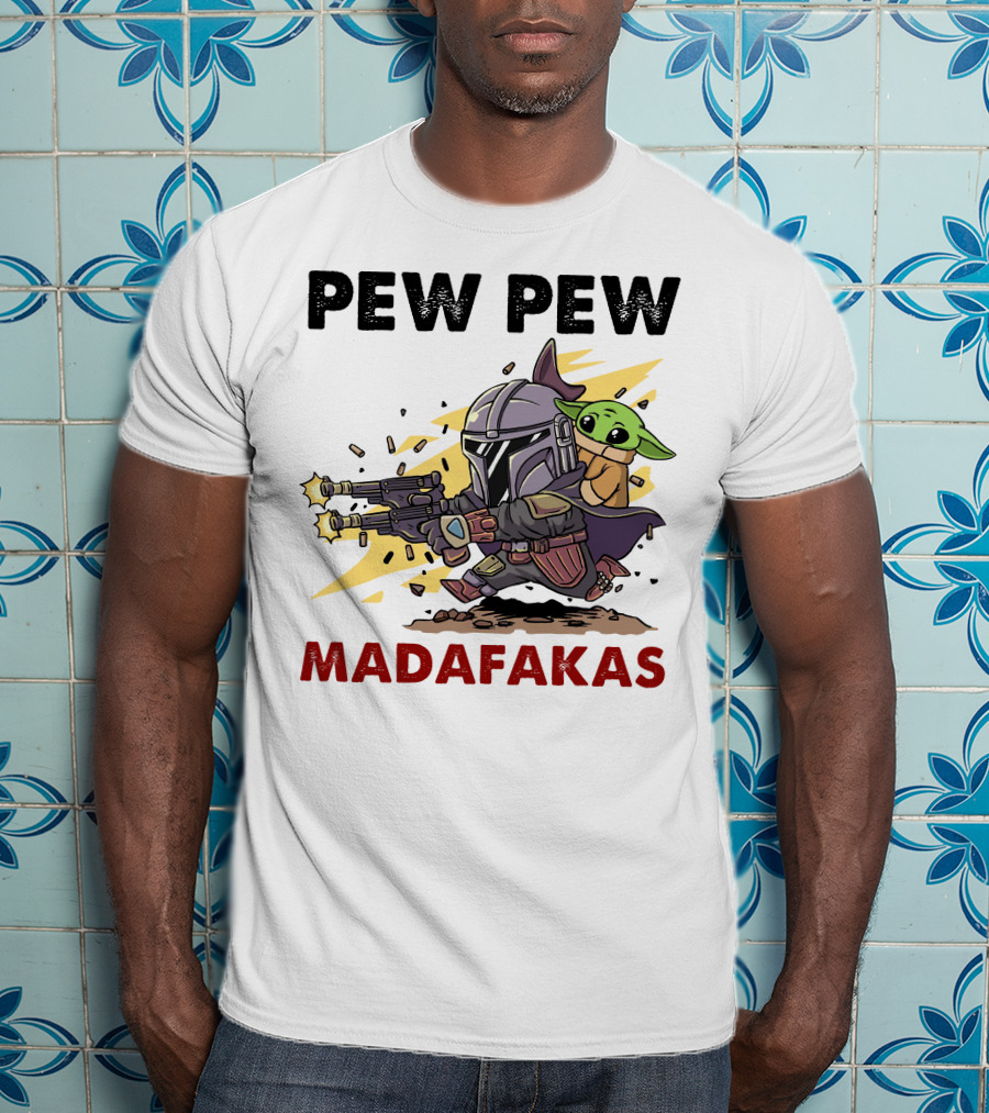 Pew Pew Madafakas Mandalorian Baby Yoda Gun Firing Scene T-Shirt