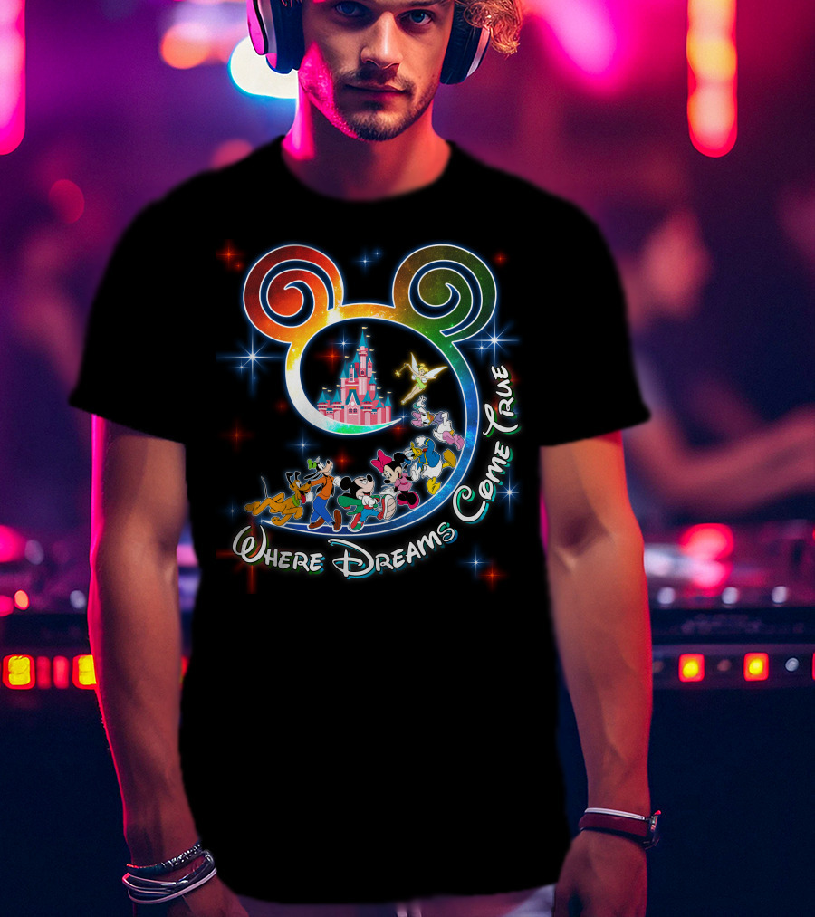 Where Dreams Come True Disney Castle Mickey Minnie Goofy Donald Pluto Tinkerbell T-Shirt