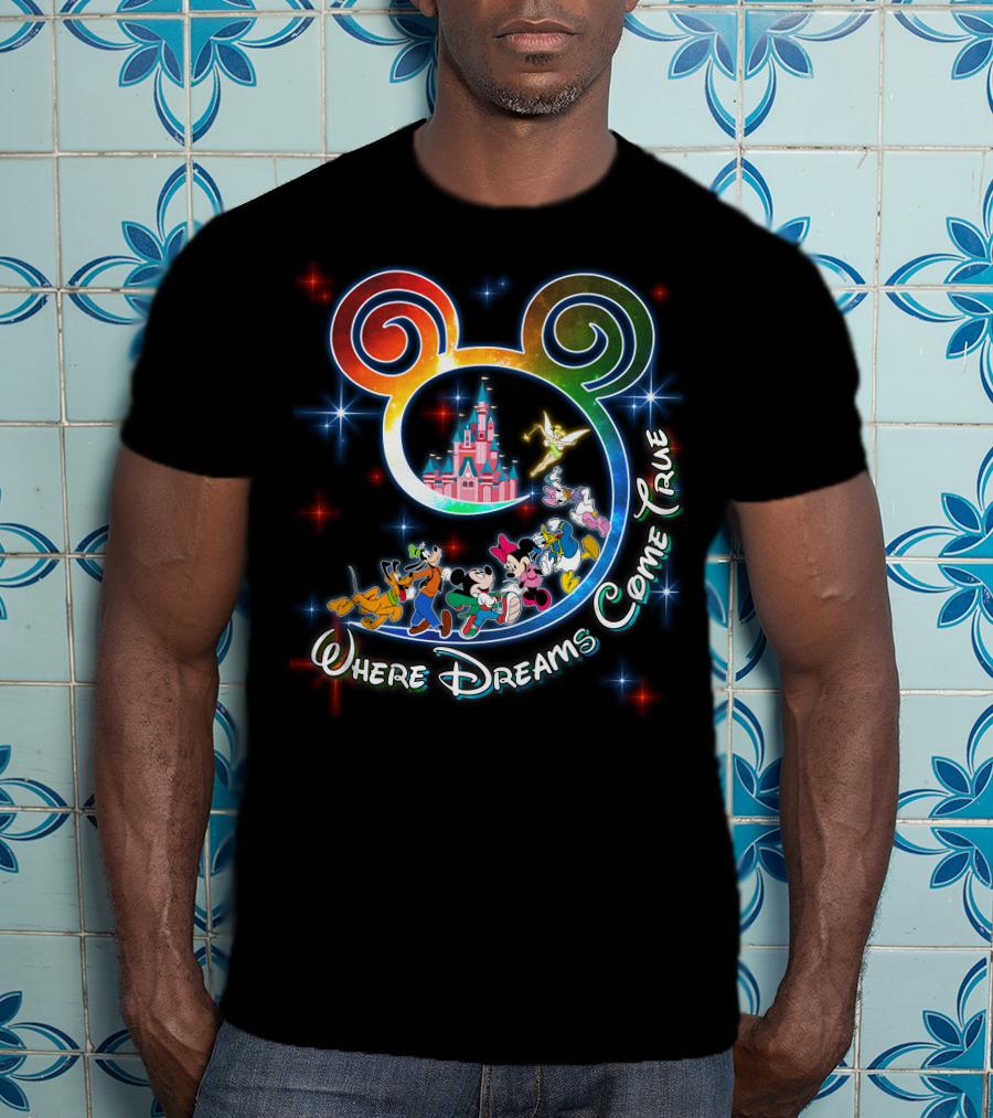 Where Dreams Come True Disney Castle Mickey Minnie Goofy Donald Pluto Tinkerbell T-Shirt