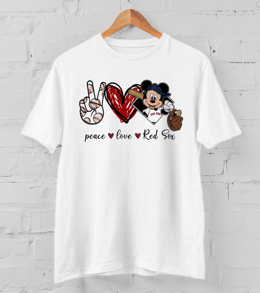 Peace Love Red Sox Mickey Baseball T-Shirt
