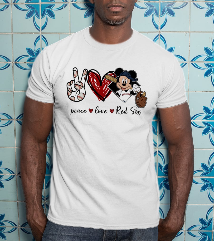 Peace Love Red Sox Mickey Baseball T-Shirt