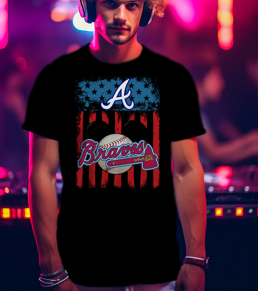 A Mickey Braves Iconic Baseball Stars And Stripes American Flag T-Shirt