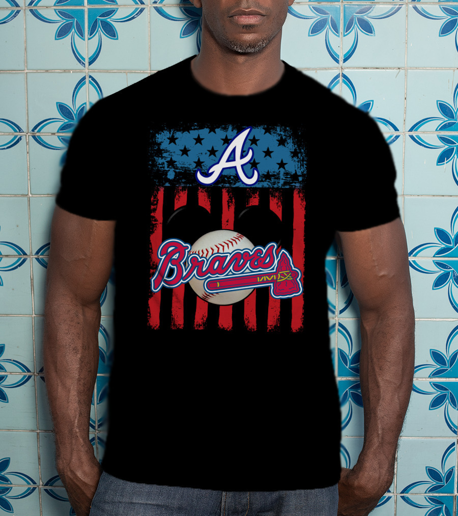 A Mickey Braves Iconic Baseball Stars And Stripes American Flag T-Shirt