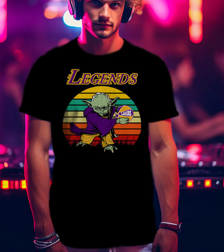 Legends Yoda Lakers Basketball Retro Stripes T-Shirt