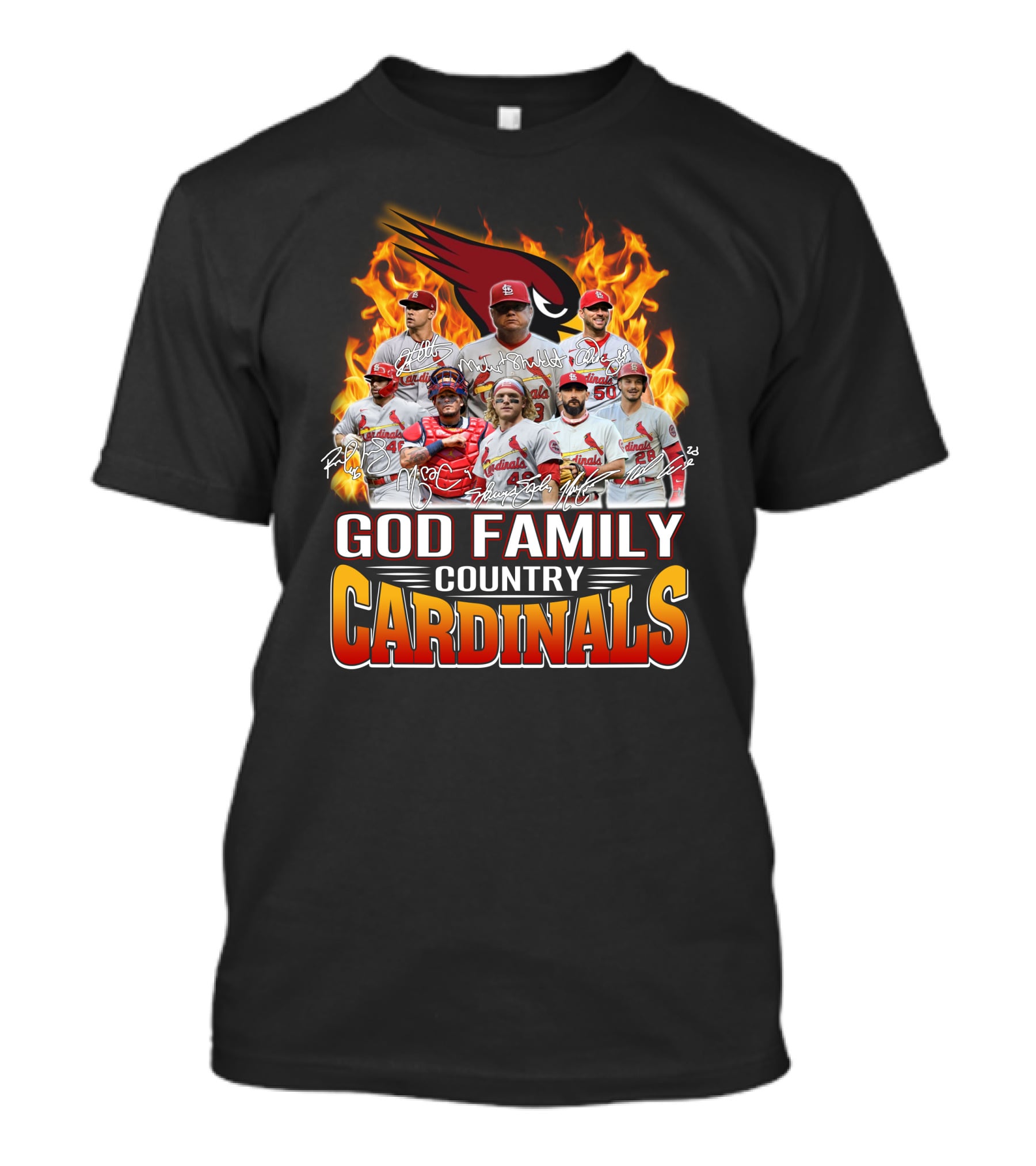 God Family Country Cardinals Baseball Team Fire Background T-Shirt