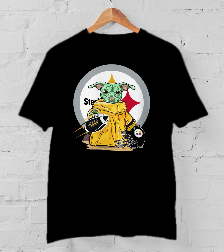 Pitbull Steelers Baby Holding Football With Steelers Logo And Helmet T-Shirt