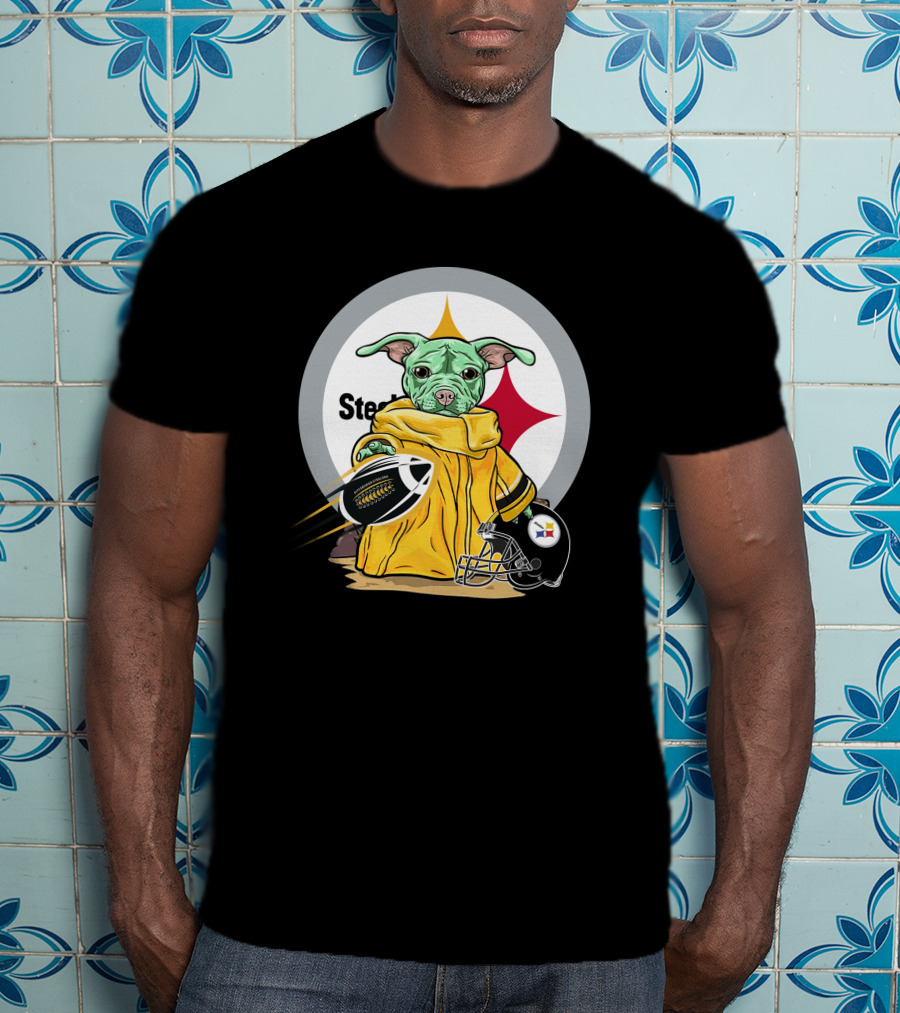 Pitbull Steelers Baby Holding Football With Steelers Logo And Helmet T-Shirt