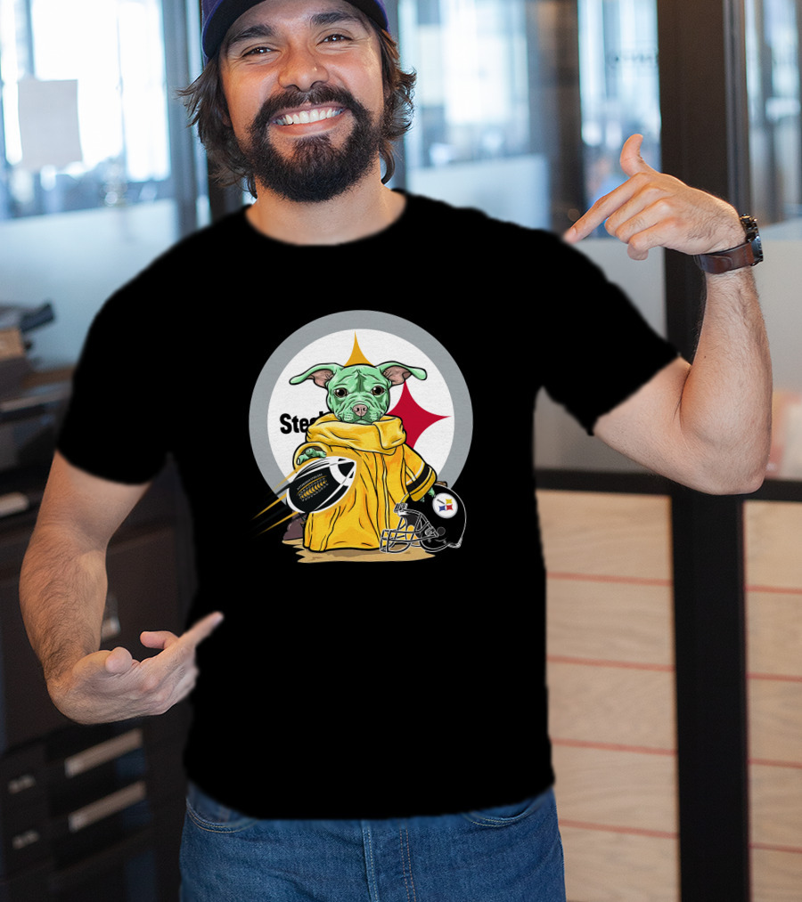 Pitbull Steelers Baby Holding Football With Steelers Logo And Helmet T-Shirt