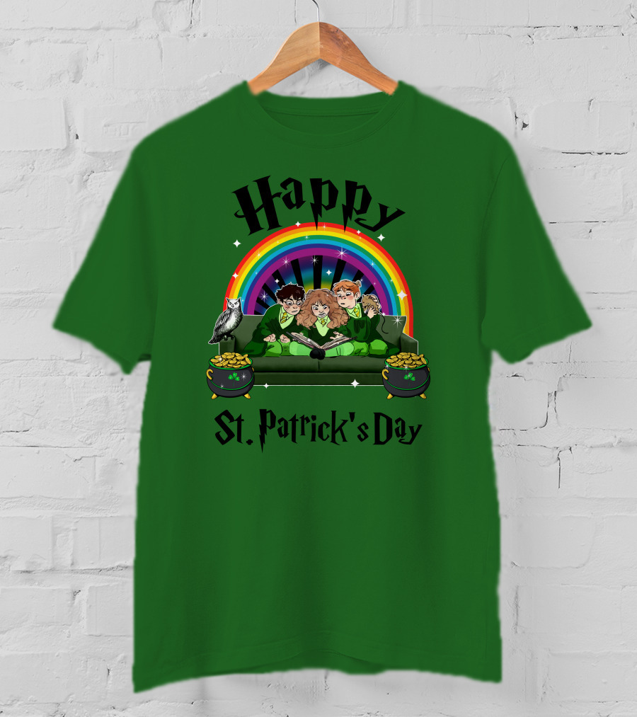 Happy St. Patrick's Day With Rainbow And Green Characters On Couch T-Shirt