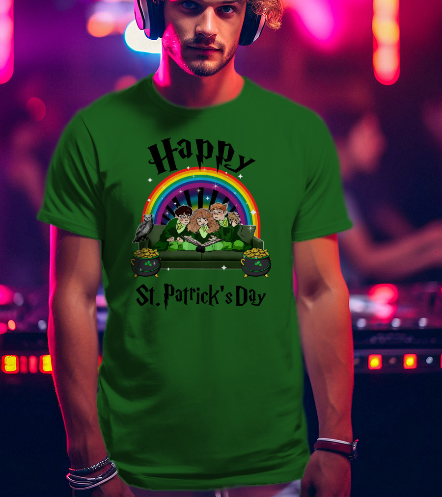 Happy St. Patrick's Day With Rainbow And Green Characters On Couch T-Shirt