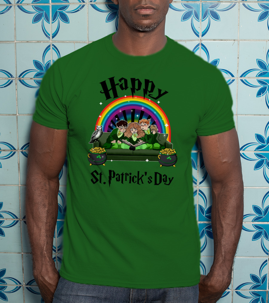 Happy St. Patrick's Day With Rainbow And Green Characters On Couch T-Shirt