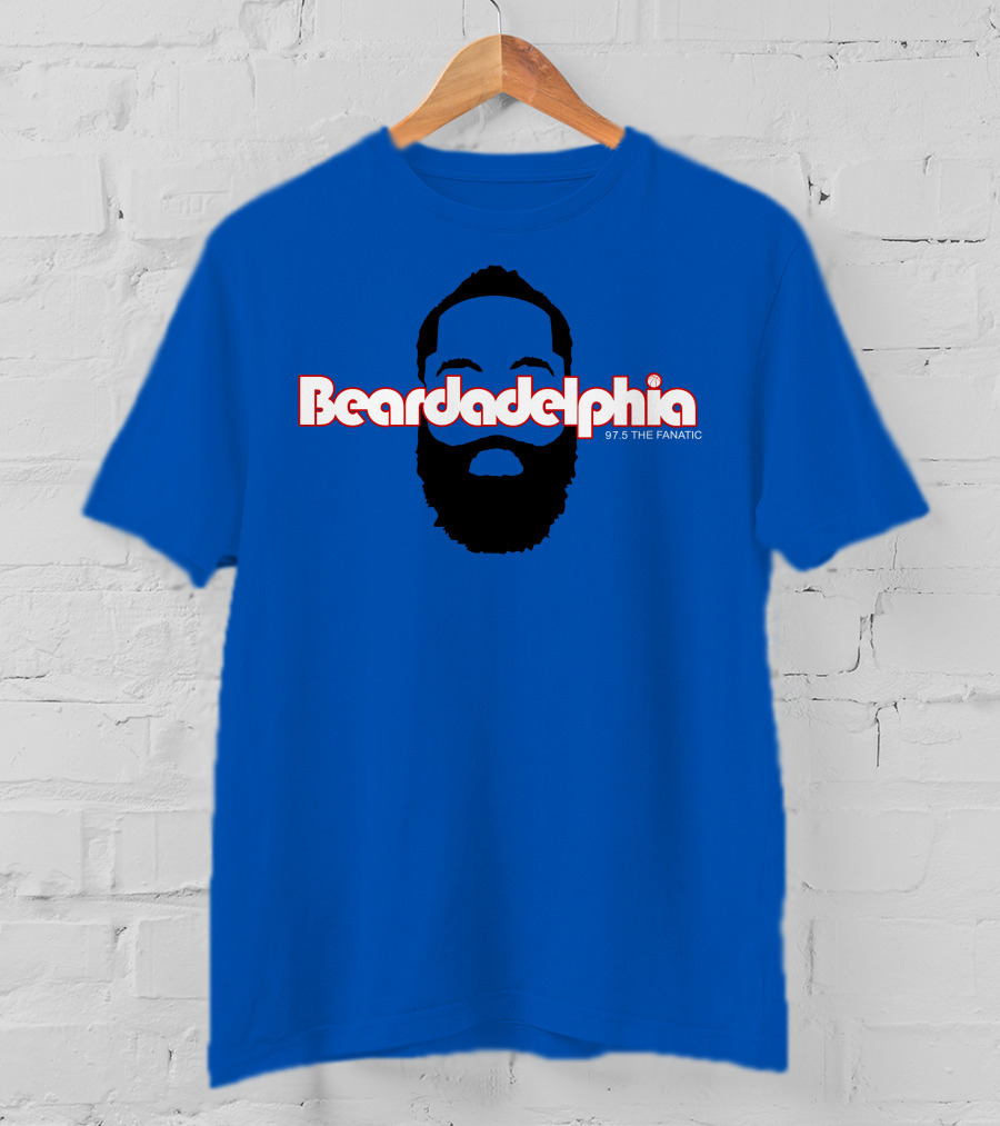 Beardadelphia 97.5 The Fanatic Silhouette Bold Text Blue Background T-Shirt