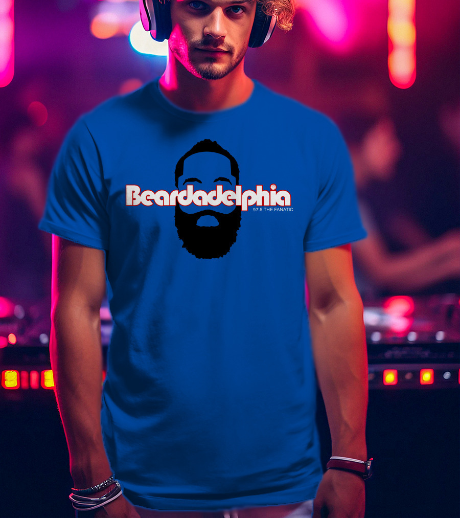 Beardadelphia 97.5 The Fanatic Silhouette Bold Text Blue Background T-Shirt