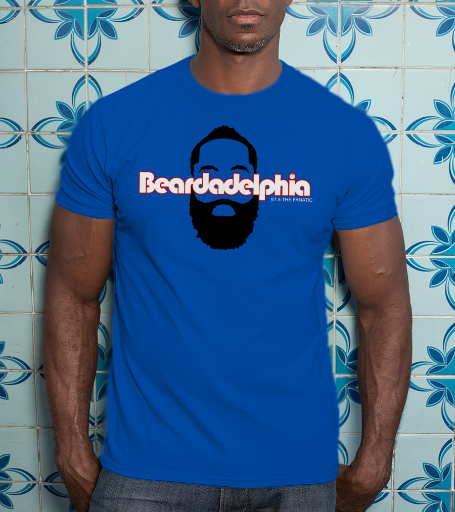 Beardadelphia 97.5 The Fanatic Silhouette Bold Text Blue Background T-Shirt