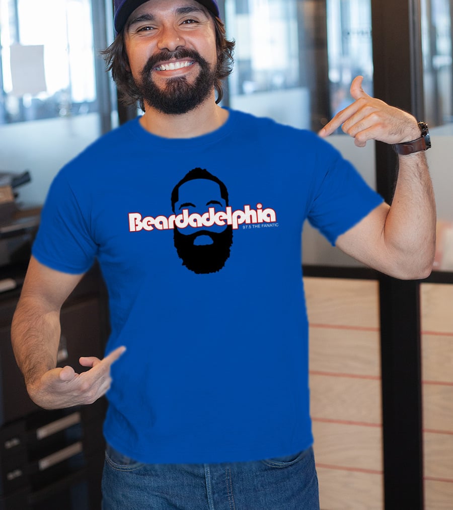 Beardadelphia 97.5 The Fanatic Silhouette Bold Text Blue Background T-Shirt